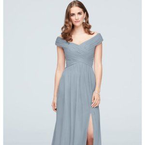 David's Bridal | crisscross off-the-shoulder mesh bridesmaid dress | Dusty Blue